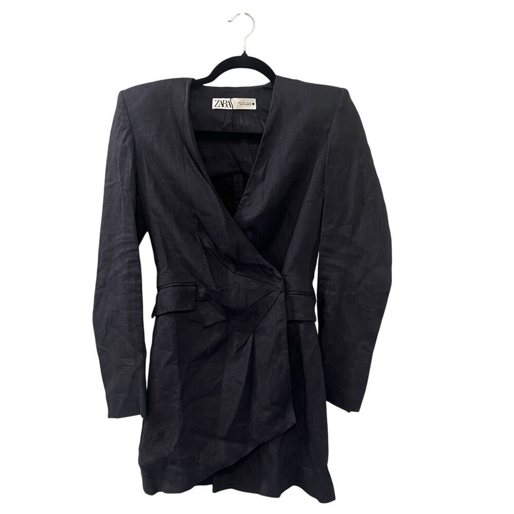 Zara Blue Linen Asymmetrical Draped Jacket Dress